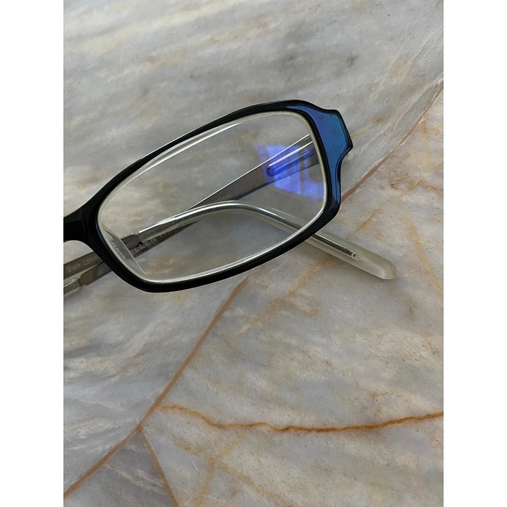 Ellen Tracy Charon Black Laminate Rectangular Eyeglasses Floral Etched Temples